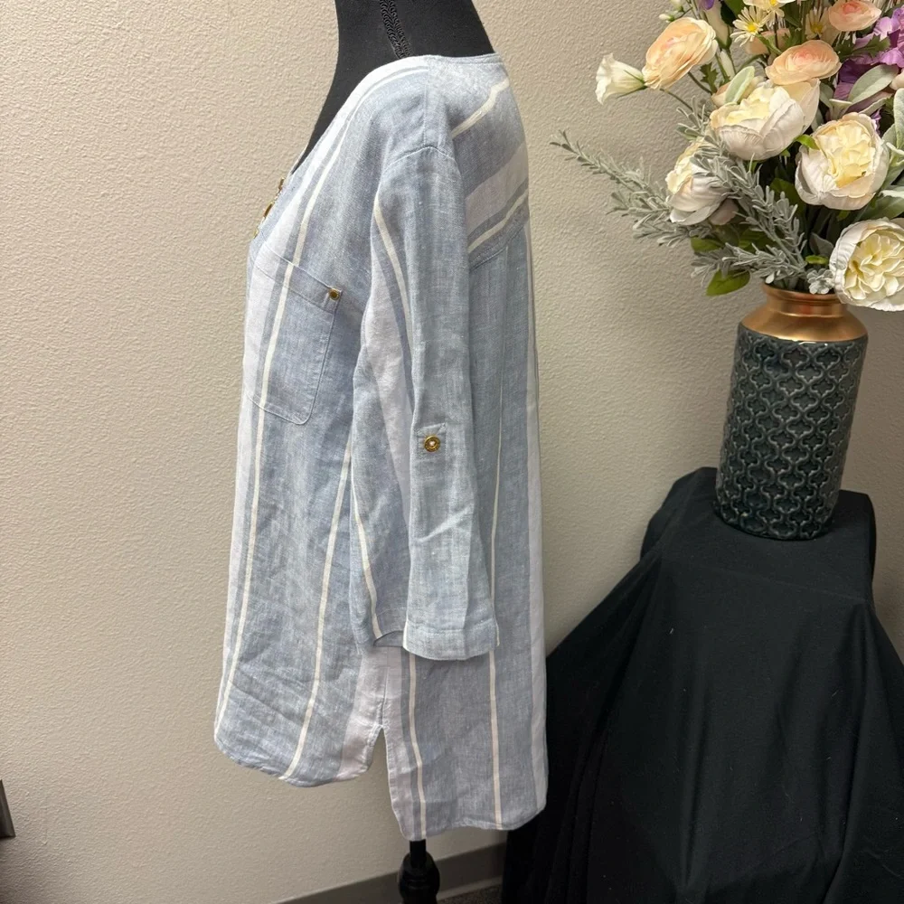 Ellen Tracy Linen Striped Tunic Top L Blue White Zip Front 3/4 Sleeve Summer - Picture 3 of 10